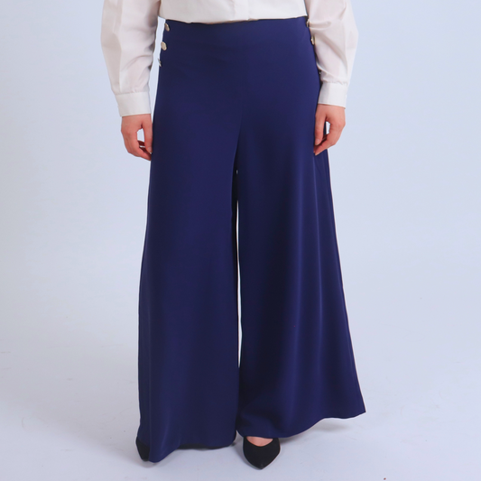 Pantalon bleu large taille haute Leadership Aura, style corporate chic et mode modeste haut de gamme