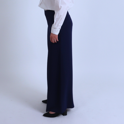 Pantalon bleu large taille haute Leadership Aura, style corporate chic et mode modeste haut de gamme