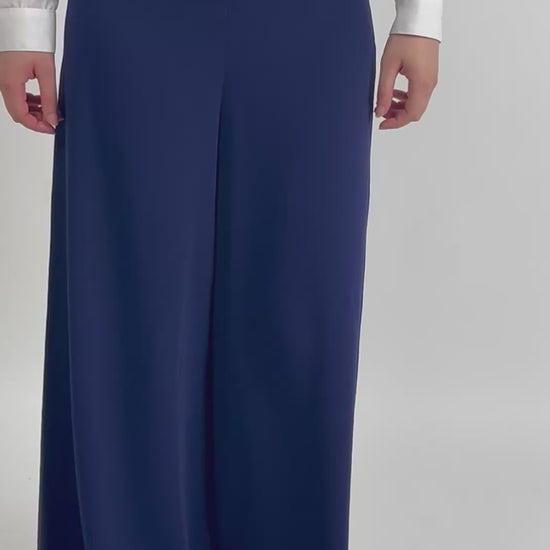 Pantalon bleu large taille haute Leadership Aura, style corporate chic et mode modeste haut de gamme