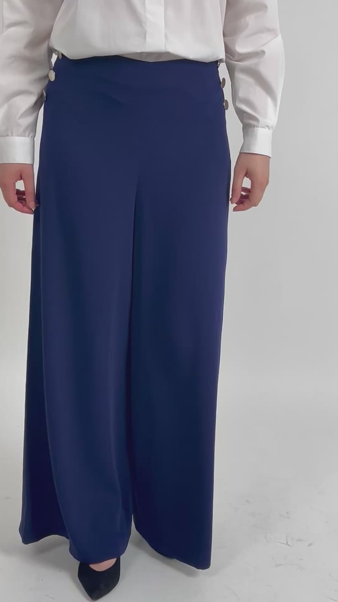 Pantalon bleu large taille haute Leadership Aura, style corporate chic et mode modeste haut de gamme