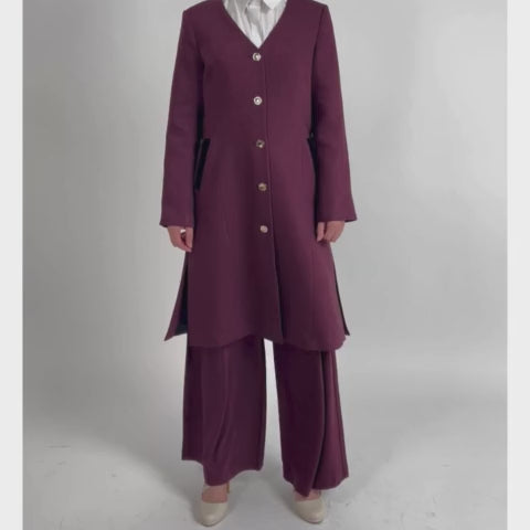 Blazer long KPI bordeaux avec manches Aura, veste professionnelle élégante de mode modeste premium
